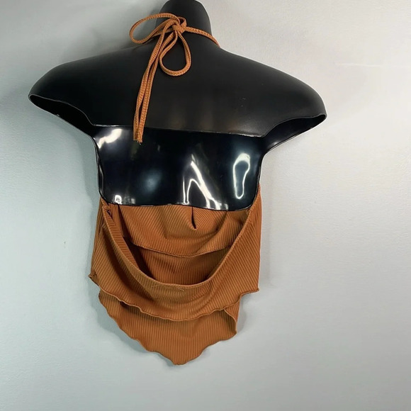 SHEIN Ribbed Cowl Neck Handkerchief Tie Crop Top Brown Open Back V Hem L - Picture 5 of 7